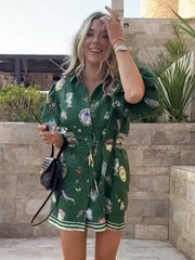 LIZAKOSHT - Printed Women's Short Dresses Single Breasted Turn-Down Collar Dress Lace Up Waist Slim Fit Ladies Out Suits High Street Clothes