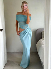 LIZAKOSHT  -  Elegant Sexy Long Dress Women Off Shoulder Hollow Out Sleeveless Patchwork Mesh Robe Female 2025 Spring Summer Chic Solid Robe