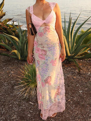 LIZAKOSHT - Floral Print Lace Patchwork Dresses Sexy Hollow Out Slits Party Dress Summer Chic Harajuku Vacation Long Outfits