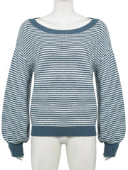 LIZAKOSHT - Casual Loose Striped Sweaters Basic Slash Neck Long Sleeve Knitted Pullovers Women Autumn Winter Fashion Streetwear