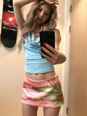 LIZAKOSHT - Y2k Aesthetic Mini A-Line Skirt Pink Printing Streetwear Saldas Mujer Moda 2024 Harajuku Zipper Grunge Skirts Women Summer Saia