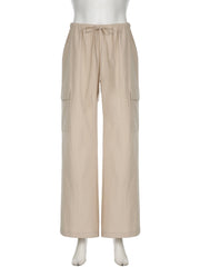 LIZAKOSHT - Casual Basic Solid Big Pockets Wide Leg Pants Loose Bandage Low-Waisted Straight Pants Women Autumn Spring Fashion