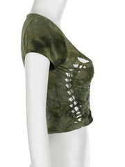 LIZAKOSHT - Grunge Fairycore Tie Dye Print Hollow Out T Shirt Slim Square Collar Short Sleeve Tees Women Summer Streetwear Lady