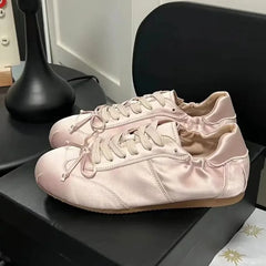 LIZAKOSHT - Brand Satin Pink Cute Ballet Flats Shoes Women Sweet Casual Sneakers Shoes Trainers Comfy Walk Daily Footwear