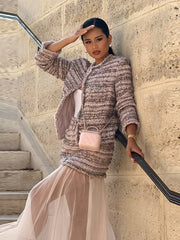 LIZAKOSHT - Tweed Coats Skirts Sets Women O Neck Long Sleeves High Waist Patchwork Mesh Suits Female New Chic Street Sets 2 Pieces