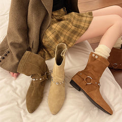 LIZAKOSHT - Rivets White Ankle Boots Pointe Shoes Boots-Women Low Pointy Ladies Cowboy Pointed Toe Retro Western Shoes Lady Boots Rive