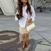 LIZAKOSHT - Embroidery Skirt Woman Boho Floral Tassel Midi Skirts Hollow Fishnet Mesh Asymmetric Hem High Waist Summer Wear Woman Clothes