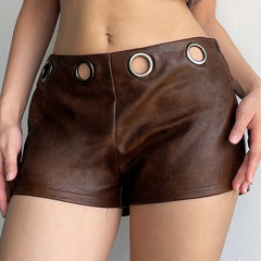 LIZAKOSHT - Motorcycle Style Faux Pu Leather Hole High Waist Vintage Summer Vintage Club Hot Sexy Short Pants Tight Slimming Bottoming
