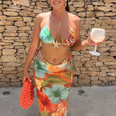 LIZAKOSHT - Sexy 3 Piece Set Swimsuit 2025 Bohemian Backless Halter Cropped Top Side Drawstring+Cover Up Skirt Beachwear Women Print Clothes