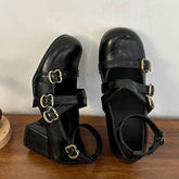 LIZAKOSHT - Gothic Retro Black Bucke Straps Pumps Vintage Brown Mary Janes Shoes Women Cute Burgundy Lolita 6cm Block High Heels Pumps