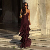 LIZAKOSHT - Sexy Solid Ruffles Sling Dress Women Sleeveless Backless Empire V-neck Long Party Dresses Female Spring Chic Lady A-line Robes