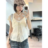 LIZAKOSHT - Y2K Vintage Women's Blouse See Through Short Sleeve Slim Shirts Japanese 2000s Style Summer Gyaru Streetwear Cardigan
