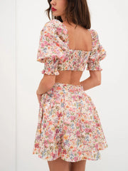 LIZAKOSHT  -  Women s Summer Floral Print Dress Short Puff  Square Neck Cutout Waist  Mini A-Line Dress