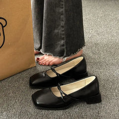 LIZAKOSHT - Women's Summer Footwear Normal Leather Casual Shoes for Woman Square Toe Black Japanese Style Lolita Mary Jane Gothic Shoe