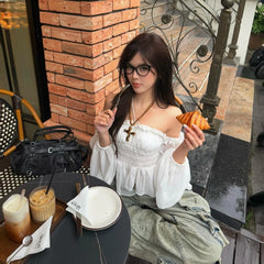 LIZAKOSHT - Off Shoulder Ruffles Sexy Lantern Long Sleeve Halter Backless Fashion All-match Crop Tops Y2K Summer Streetwear Blouses