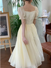 LIZAKOSHT - Women Elegant Puff Sleeve Summer Midi Dress Lady Square Collar Solid High Waist Fairy Party Dress Korean Holiday One Piece Dress