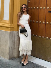 LIZAKOSHT - Elegant Tassels Hem Patchwork Women Knit Dress Chic O-neck Sleeveless Bodycon Midi Dresses 2024 Summer Lady Beach Vacation Robes