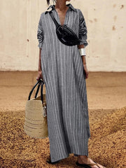 LIZAKOSHT  -  Long Stripe Shirt Dress Woman Blue Elegant Dress New Casual Pocket Lapel Button Loose Workplace Formal Dresses