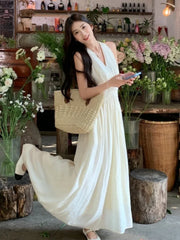 LIZAKOSHT - Summer Apricot V Neck Elegant Backless Sexy Club Pleated Vest Long Dress Women High Waist Vacation Slim Evening Party Dress Robe