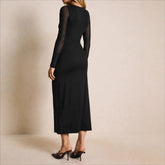 LIZAKOSHT - Spring 2026 New Spliced Mesh Sleeve Metal Buckle Decoration Fashionable Foreign Style Dress