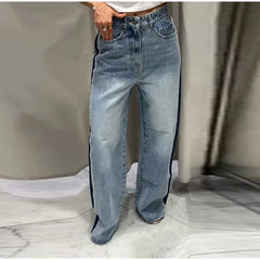 LIZAKOSHT - Street Tassel Loose Jeans Women Contrast Straight Long Pockets High Waist Denim Trousers Female Fashion Autumn Lady Bottoms