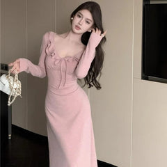 LIZAKOSHT - V-neck Lotus Leaf Dress Women's Strappy Waist Long-sleeved Gentle Style A-line Long Skirt