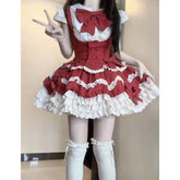 LIZAKOSHT - Japan Lolita Cute Girl Sweet Bow Shirt High Waist Ruffle Edge Dress Fluffy Cake Skirt Set Summer Two Piece Set Women Outfits