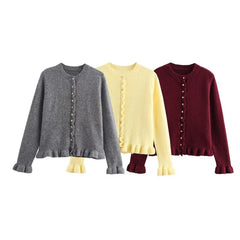 LIZAKOSHT  -  Trendy O-neck Lace Hem Cardigan Knit Top for Women Single-breasted Long Sleeves Coat Sweater Mujer Y2k Clothes Short Jacket New