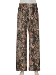 LIZAKOSHT - Vintage Plant Printed Wide Leg Pants Casual Loose Mid-Waisted Trouser Women Autumn Spring Fashion Streetwear Ladies