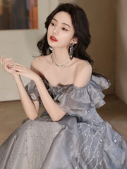 LIZAKOSHT - Shiny Grey Evening Dresses Tiered A-line Boat Neck Flounce Strap Long Wedding Celebration Birthday Party Prom Gowns New 2024