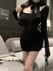 LIZAKOSHT - Auturm Spring Korean Fashion Solid Color Short Knitted Dress for Women Sexy Cute Sweet Casual Long Sleeve Dresses