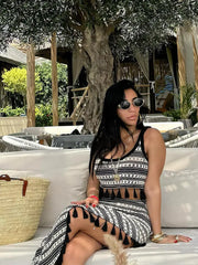 LIZAKOSHT  -  Women Sexy Knit Stripe Skirt Set Fashion U-neck Sleeveless Tassel Patchwork Short Vest Suit Lady Split Long Skirts Beach Outfits