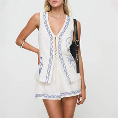 LIZAKOSHT - 2 Piece Set y2k Clothes Women Vacation Moon Plant Print Sleeveless Tops and High Waist Shorts 2000s Beach Streetwear