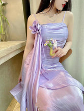 LIZAKOSHT - Elegant Mauve Prom Party Gowns Retro Waist Strap Three-dimensional Flowers Irregular Ruffle Stitching Evening Dress