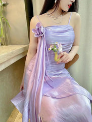 LIZAKOSHT - Elegant Mauve Prom Party Gowns Retro Waist Strap Three-dimensional Flowers Irregular Ruffle Stitching Evening Dress