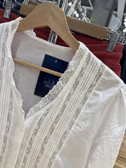 LIZAKOSHT - Lace Patchwork Long Flare Sleeve T-shirt Blouse Woman Autumn V-neck Single Breasted See Through Cotton Shirts White Thin Tees