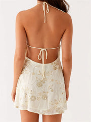 LIZAKOSHT - Women s Elegant Sleeveless V-Neck Lace Floral Embroidered Backless Fit Cocktail Party Mini Dress