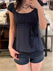 LIZAKOSHT - Polka Dot Ribbon Slim T-shirt Blouse Women Summer Square Collar Bow Lace-up Puff Sleeve Shirts Casual Sweet Vintage Tshirts New