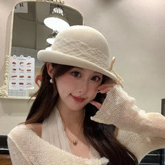 LIZAKOSHT New Autumn Winter Wool Berets Hat Women Retro Fashion Show Small Octagonal Hat Mariage Versatile Painter Hat Bow Fedoras