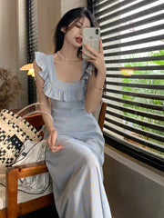 LIZAKOSHT Elegant Floral Sleeveless Long Dress Women Square Collar Ruffles Vocation Beach Slim Dresses Female Summer Vestidos Clothes