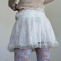 LIZAKOSHT - Mini Skirts Solid Patchwork Lace A-Line Pleated Skirts Basic Mid-Waisted Sweet Women Summer Fashion Streetwear Lady