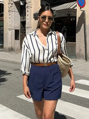 LIZAKOSHT Stripes Shirt Women Autumn Spring Black Casual Loose Blouse Turn Down Collar Chic Vintage Oversize Female Blusa