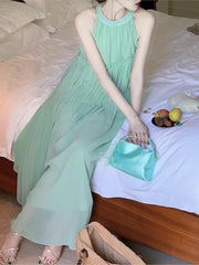 LIZAKOSHT - Summer French Style Fashion Elegant Pendant Temperament Solid Color Sleeveless Neck Hanging Dress
