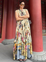 LIZAKOSHT - Loose Print Tube Long Dress For Women O-neck Short Sleeve Draped Casual Robe 2025 Summer Elegant Female Evening Party Dresses