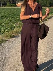 LIZAKOSHT - Sexy V-neck Top Pants 2 Piece Sets Women Casual Short Sleeve Top High Waist Straight Pant Sets 2025 Female Summer Chic Outfit