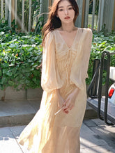 LIZAKOSHT  -  France Elegant Two Pieces Dress Set Women Print Party Beach Dress Female Vintage Suspender Dress + Strappy Long Cardigan Holiday