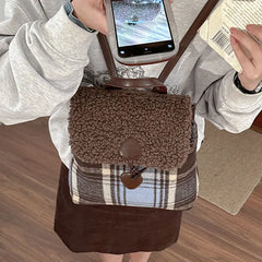 LIZAKOSHT - Retro Lamb Wool Backpack for Women's Autumn/Winter New Checkered High Quality Backpacks