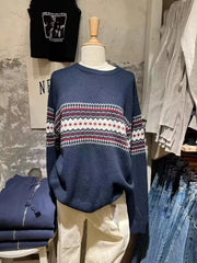 LIZAKOSHT - Women Geometric Jacquard Sweater Autumn Round Neck Long Sleeve Navy American Vintage Pullover Casual Streetwear Y2k Jumper Tops