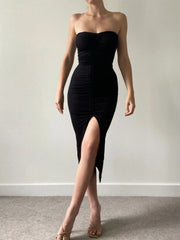LIZAKOSHT - Summer New Dstring Pleated ter Dr Sexy Tight Wrap around Bodycon Long Skirt without Sve Polyester Fiber Midi Dr