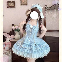  LIZAKOSHT - Coquette Sweet Lolita Mini Dress Women Halter Strap Lace Trim Ruffle Bow Slim Fit Bodycon Party Dress Elegant Casual Outfit